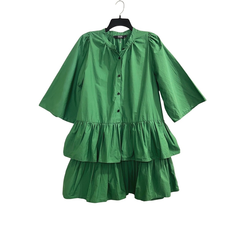 TOV Los Angeles Kelly Green Tiered Poplin Smock Mini Dress Size 42 US L - Picture 1 of 10